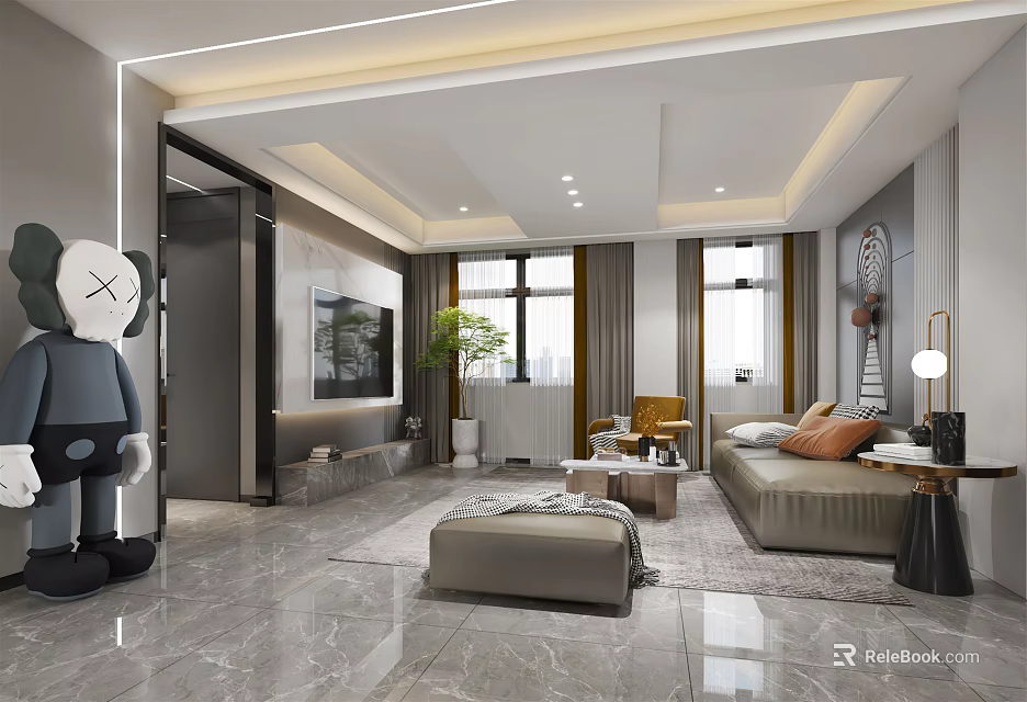 Modern Living Room Interior With Sofa Coffee Table Floor to Ceiling Windows and Art Sculpture 3d model 
