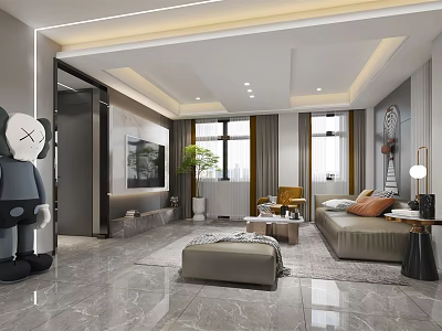 Modern Living Room Interior With Sofa Coffee Table Floor to Ceiling Windows and Art Sculpture 3d model