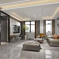 Modern Living Room Interior With Sofa Coffee Table Floor to Ceiling Windows and Art Sculpture