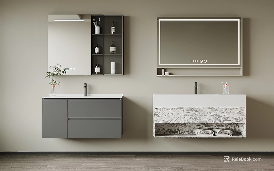 Modern Bathroom Mirrors with Storage Cabinet Gray and Marble Vanity Sink and Decor Items 3d model 