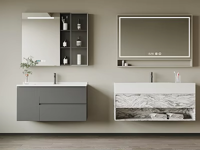 Modern Bathroom Mirrors with Storage Cabinet Gray and Marble Vanity Sink and Decor Items 3d model