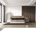 Modern Double Bed With Leather Headboard Nightstands Table Lamps Round Mirror And City View Window