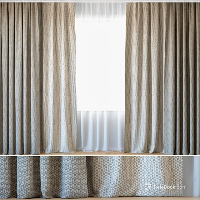 Beige Curtains With Subtle Geometric Pattern And White Sheer Panels Draped Over Window 3d model 