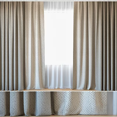 Beige Curtains With Subtle Geometric Pattern And White Sheer Panels Draped Over Window 3d model