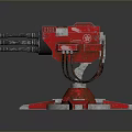 Red Mechanical Weapon with Multiple Barrels and Sturdy Metallic Base Structure 3d model