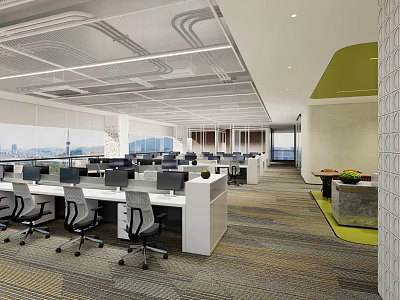 Modern Public Office Space with Open Layout Workstations Grid Ceiling and City View Windows 3d model