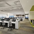 Modern Public Office Space with Open Layout Workstations Grid Ceiling and City View Windows