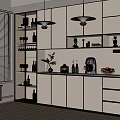 Modern White Sideboard With Glass Doors Hanging Lights Appliances And Decorative Items