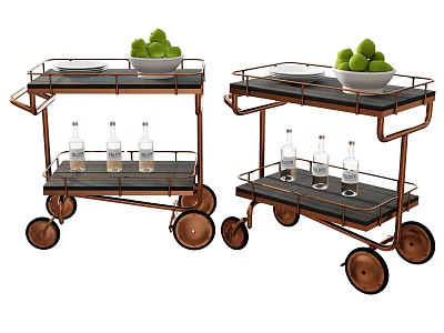 Modern Commercial Wheeled Service Carts with Green Apples Trays and Glass Bottles for Catering Business 3d model