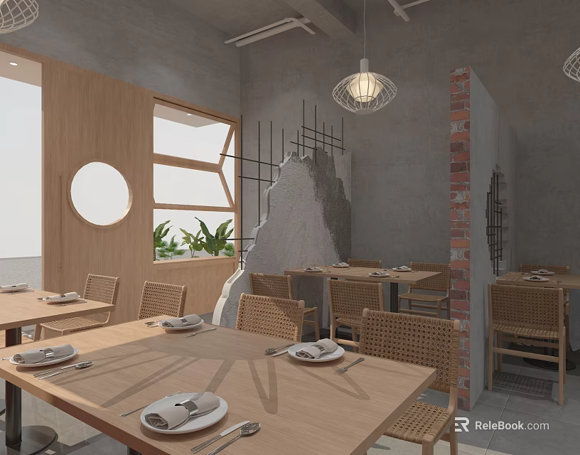 Rustic Restaurant Interior With Wooden Tables Wicker Chairs Circular Window And Gray Concrete Brick Walls 3d model 