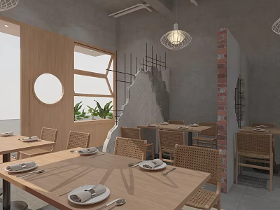 Rustic Restaurant Interior With Wooden Tables Wicker Chairs Circular Window And Gray Concrete Brick Walls 3d model