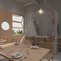 Rustic Restaurant Interior With Wooden Tables Wicker Chairs Circular Window And Gray Concrete Brick Walls