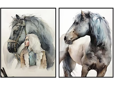 Animal Paintings Of Horses In Watercolor With Girl And Solo Horse Portraits 3d model