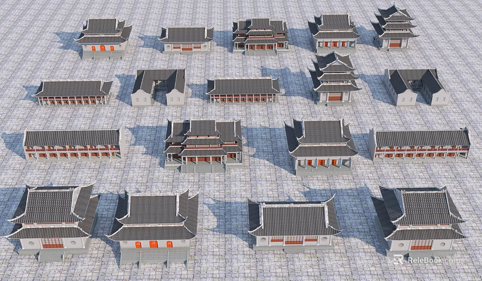 Ancient Chinese Architecture Models With Various Traditional Roofs And Classic Structures 3d model 