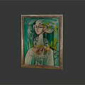 Vibrant Golden Framed Painting With Detailed Female Figure Green Leaves And Reflective Surface