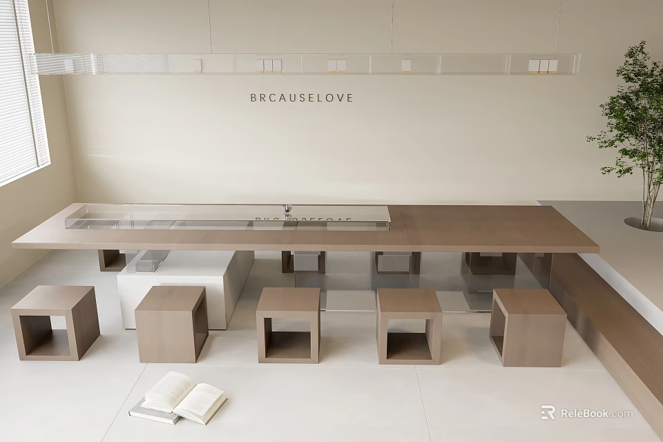 Modern Wooden Conference Table With Stools In Bright Interior Featuring Natural Light And Plant 3d model 