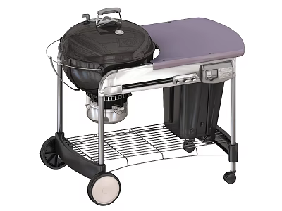 Mobile Kitchen Grill Appliance With Purple Countertop Storage Bins And Metal Shelf On Wheels 3d model
