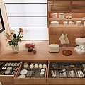 Restaurant Wooden Storage Area With Drawers Tableware Countertop Vase Flowers Fruits Toaster And Coffee Maker