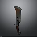Vintage Curved Blade Weapon With Rusted Metal Edge Red Handle And Metal Fittings