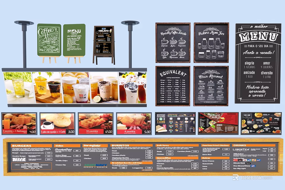 Retail Commercial Equipment With Chalkboard Menu Boards Digital Displays And Food Drinks 3d model 