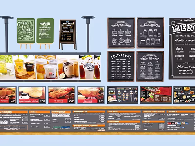 Retail Commercial Equipment With Chalkboard Menu Boards Digital Displays And Food Drinks 3d model