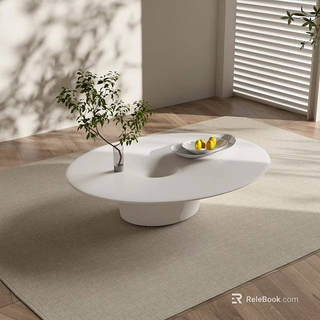 Modern White Round Coffee Table With Silver Vase Green Plant And Yellow Lemons On Rug 3d model 