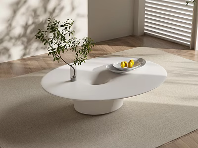 Modern White Round Coffee Table With Silver Vase Green Plant And Yellow Lemons On Rug 3d model