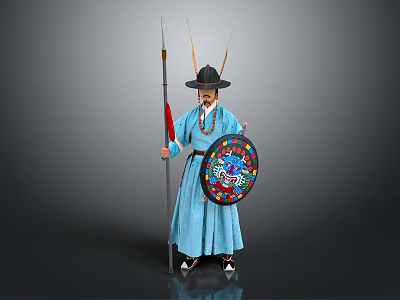 Ancient Warrior in Traditional Blue Robe Feathered Hat Holding Spear and Creature Decorated Shield 3d model