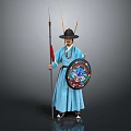 Ancient Warrior in Traditional Blue Robe Feathered Hat Holding Spear and Creature Decorated Shield