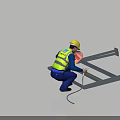 Man in Yellow Hard Hat and Safety Vest Crouching to Measure Metal Frame with Tools