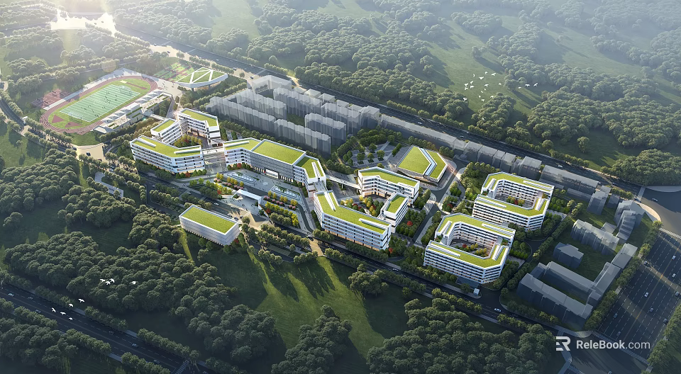 Aerial View Planning of Modern Building Complex With Green Roofs and Lush Green Spaces 3d model 