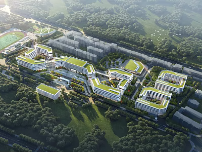 Aerial View Planning of Modern Building Complex With Green Roofs and Lush Green Spaces 3d model