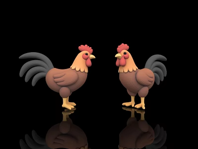 Flying Animals Two Brown 3D Chickens With Red Combs Grey Tails And Black Background 3d model