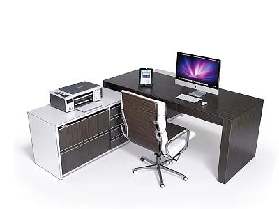 Modern Office Desk With Printer Storage Cabinet Ergonomic Chair Computer Monitor Tablet Keyboard And Mouse 3d model