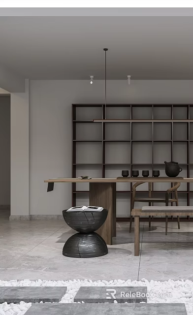 Modern Tea Table and Chairs Interior With Dark Wooden Bookshelf Teapot and Cups Setup 3d model 