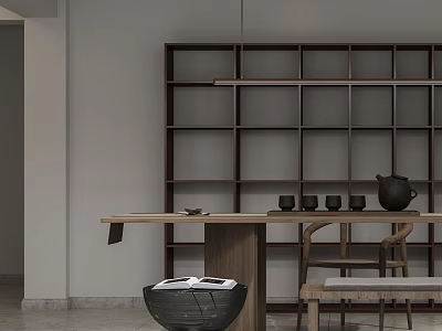 Modern Tea Table and Chairs Interior With Dark Wooden Bookshelf Teapot and Cups Setup 3d model