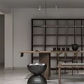 Modern Tea Table and Chairs Interior With Dark Wooden Bookshelf Teapot and Cups Setup