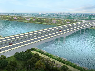 Modern Landscape Bridge With Multi Lane Design Crossing River Green Vegetation And Distant Cityscape 3d model