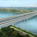 Modern Landscape Bridge With Multi Lane Design Crossing River Green Vegetation And Distant Cityscape
