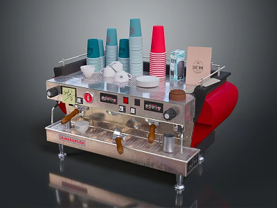 Professional Espresso Coffee Machine with Various Colored Paper Cups Tissue Box and Coffee Accessories 3d model