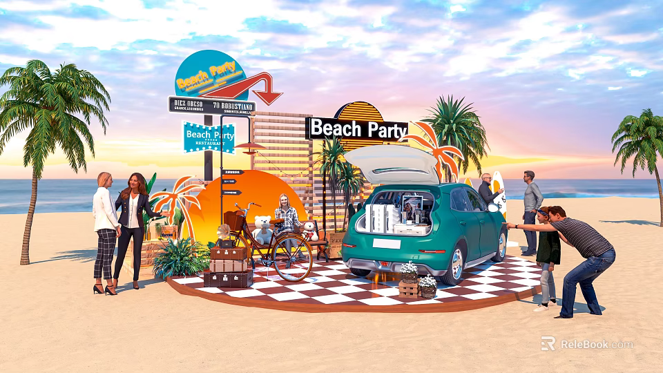 Vibrant Beach Party Scene With Teal Car Palm Trees And People 3d model 