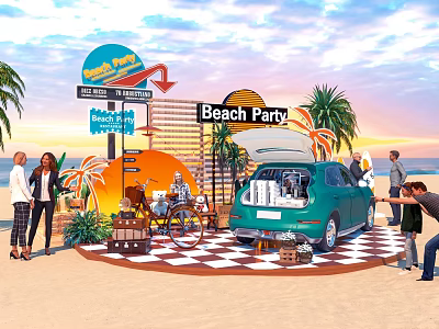 Vibrant Beach Party Scene With Teal Car Palm Trees And People 3d model
