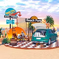 Vibrant Beach Party Scene With Teal Car Palm Trees And People