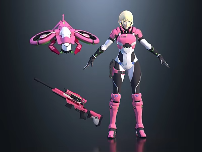 Blonde Game Character In Pink Battle Suit With Flying Drone And Gun 3d model