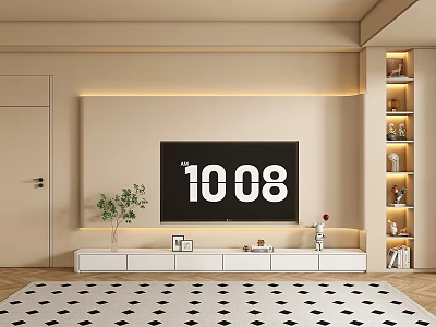 Modern Living Room With Large TV White TV Stand Bookshelf And Diamond Rug 3d model