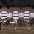 Modern Conference Room With Pink Walls Arch Windows Green Plants And Projector