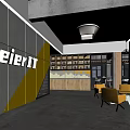 Modern Industrial Style Office Reception Space With Featured Brand Wall And Bright Yellow Lounge Chairs