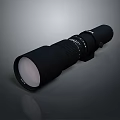 Black Telephoto Lens With Adjustment Ring And Front Lens Element On Gray Gradient Background
