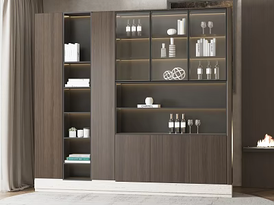 Modern Wooden Wine Cabinet With Glass Door And Layered Shelves For Wine Bottles And Glassware 3d model