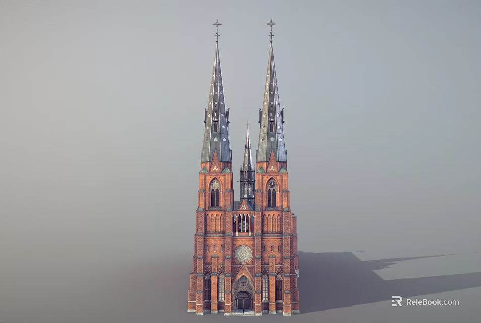 Ancient Red Brick Building With Twin Spires And Clock Tower Gothic Design 3d model